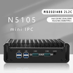 Fanless Industrial PC, Mini Computer, Intel Celeron N5105/PentiumN6005, Windows 11 or Linux Ubuntu,, VGA, HDMI, 2 xLAN, 2 x COM RS232/RS485, 2 x USB2.0, 4 x USB3.0
