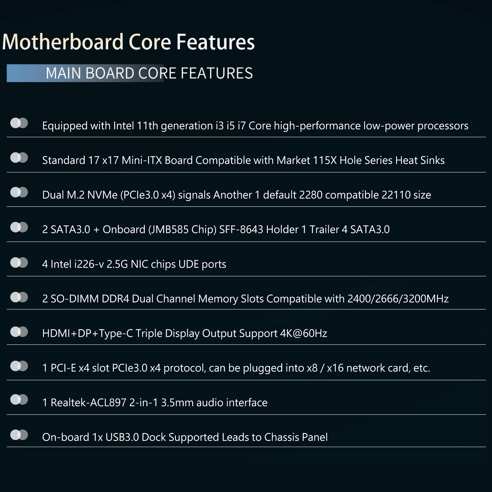 6-Bay NAS Mini-ITX Motherboard with Core i3 i5 i7 11th Gen. Processor, 4 i226-v 2.5GbE Ports, 2* DDR4, 2* M.2 NVMe PCIe 3.0x4, 2* SATA3.0, 1* SFF-8643(4* SATA3.0 6Gb/s), Triple 4K Display